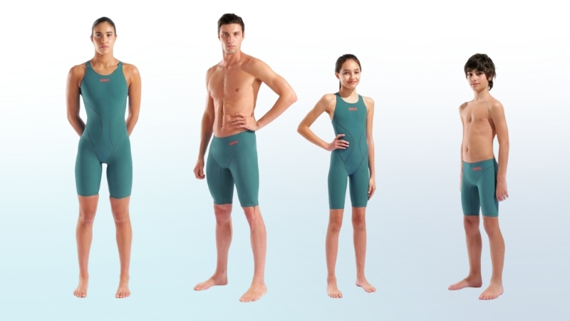 Arena Powerskin Impulso in Jade Aura high-performance suit for all strokes, available in junior and adult sizes