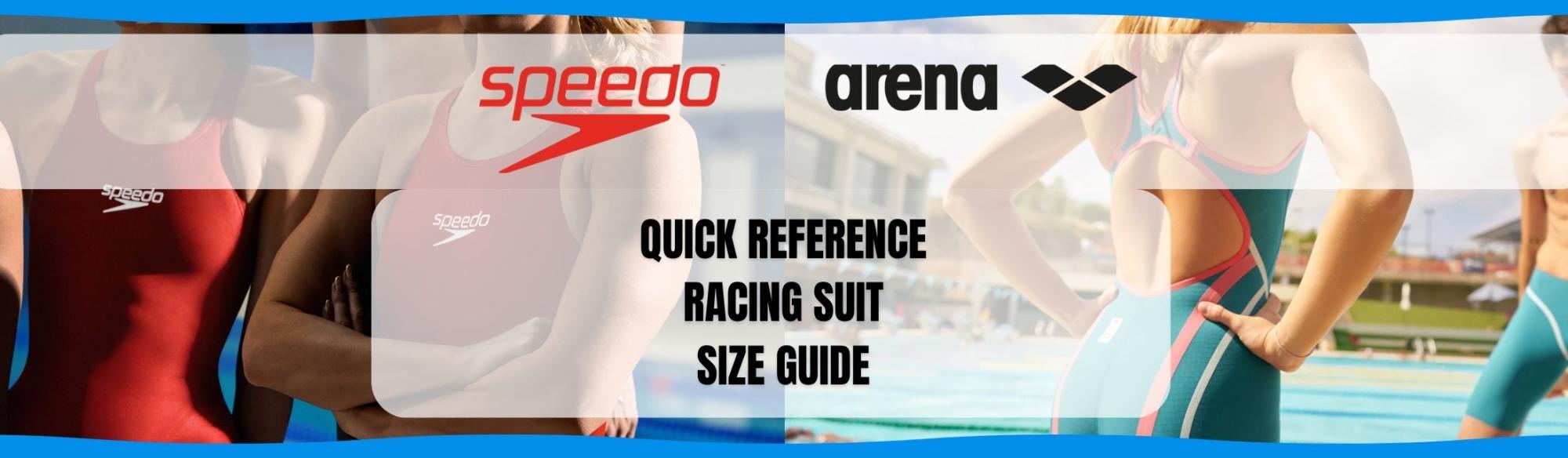 Arena and Speedo race suit size guide banner